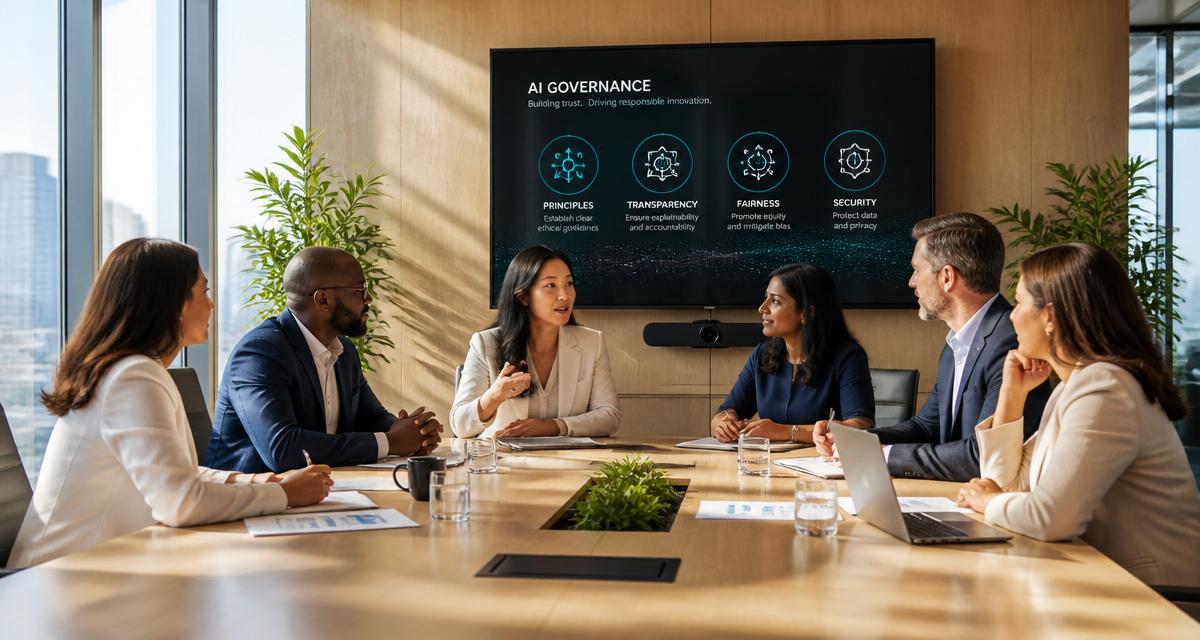 A bright modern boardroom with executive leaders discussing AI governance strategy