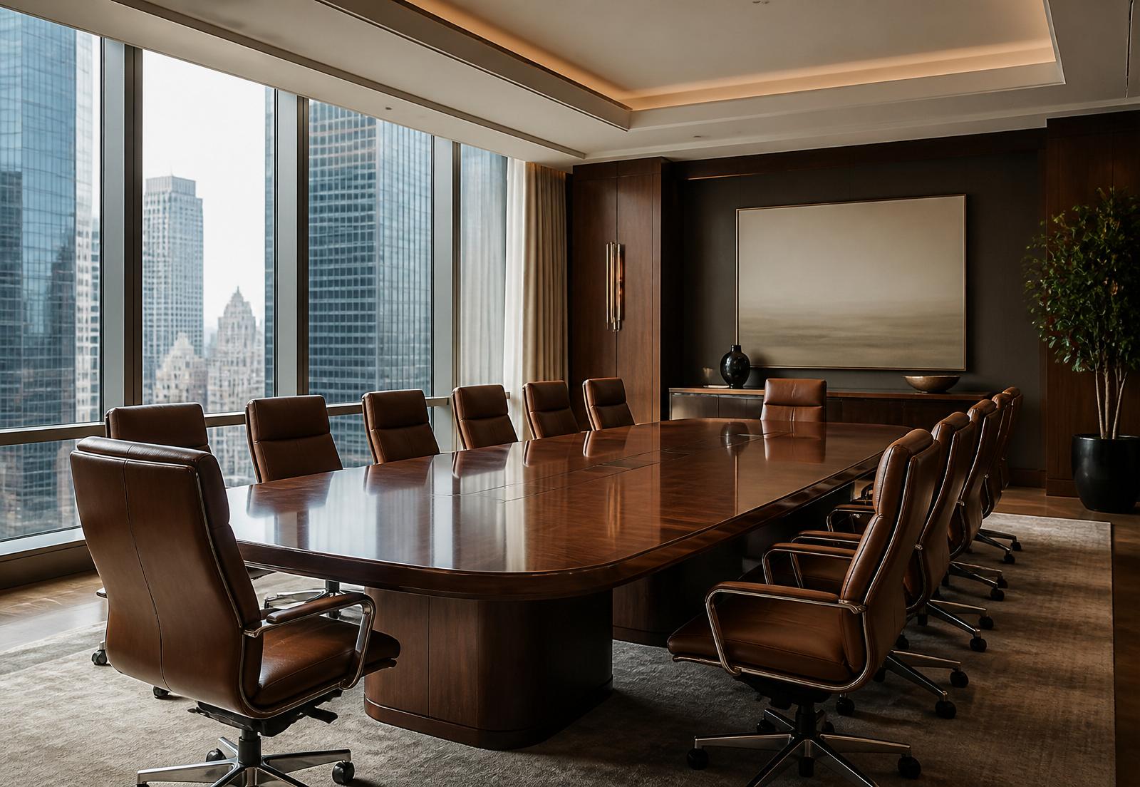 Executive boardroom overlooking a financial district