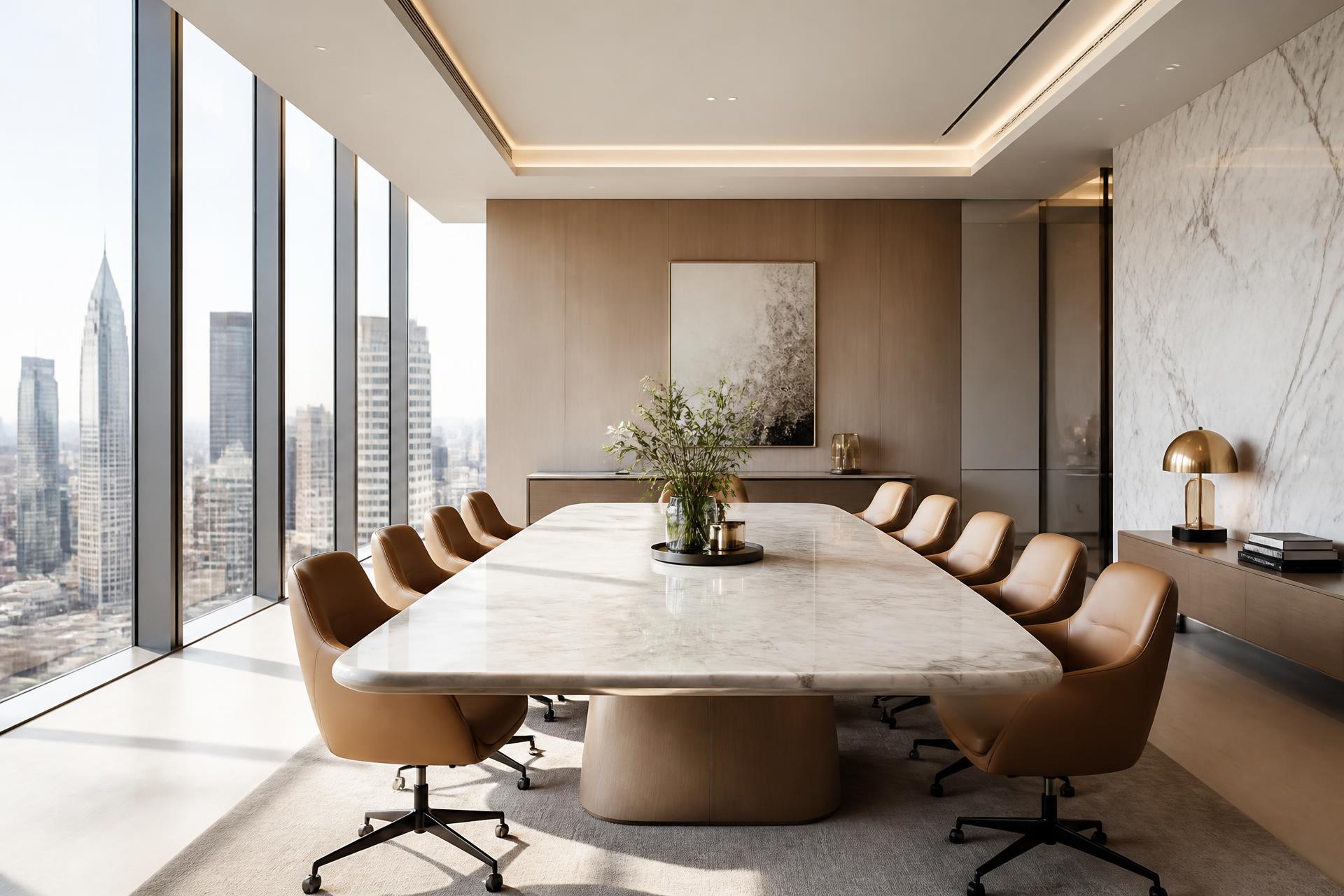 Contemporary luxury executive boardroom in soft daylight overlooking a modern city skyline